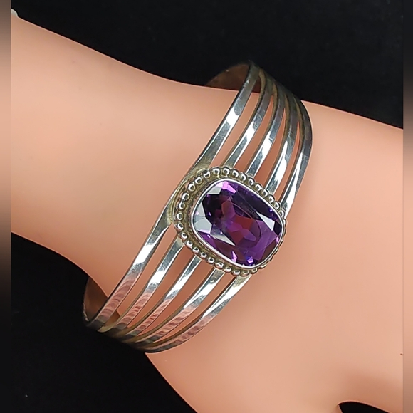 Vintage 925 Sterling‎ Silver Cuff Bracelet With 5 Carat Emerald Cut Amethyst - Picture 1 of 9